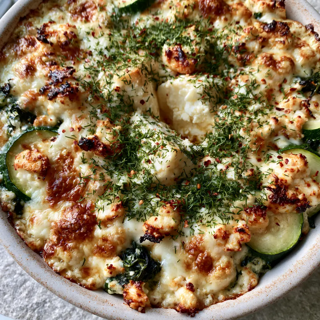 Overhead view of a bubbly Baked Zucchini Spinach and Feta Casserole garnished with fresh green dill and red pepper flakes.
