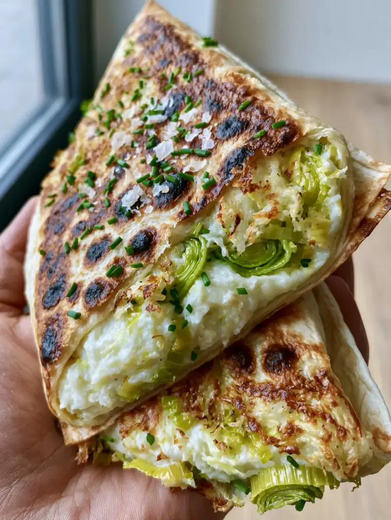 Leek and Potato Wraps: The Ultimate Crispy and Creamy Comfort Food 1 Visual of a crispy toasted tortilla filled with velvet-smooth potatoes and sautéed leeks.