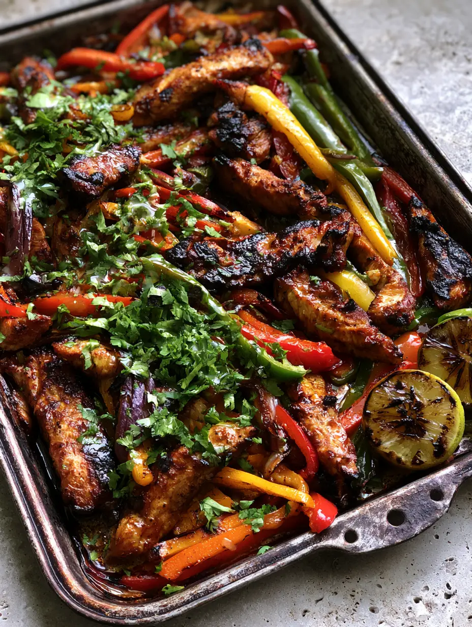 Close up of succulent chicken strips with deep golden-brown seared edges and charred bell peppers. (Chicken Fajitas Recipe)