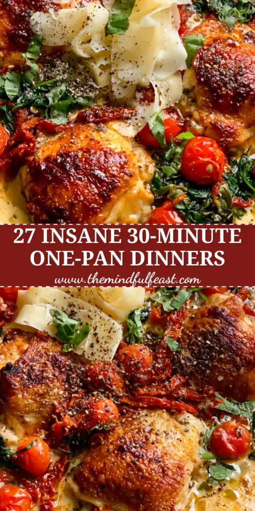 A rustic cast iron skillet featuring crispy golden-brown chicken thighs in a creamy garlic sauce with blistered tomatoes and fresh basil. (quick dinner recipes)