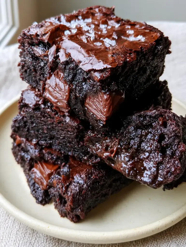 Zucchini Brownies: The Secret to an Ultra-Fudgy Dark Chocolate Masterpiece 2 Macro shot of Zucchini Brownies showing the dense ebony chocolate texture and shattered paper-thin crust.