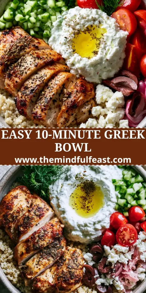 Greek Chicken Recipes: The Ultimate Mediterranean Quinoa Bowl with Herb-Crusted Chicken 3 A vibrant top-down shot of a Mediterranean Quinoa Bowl featuring Greek chicken recipes with charred lemon garlic strips and fresh dill.