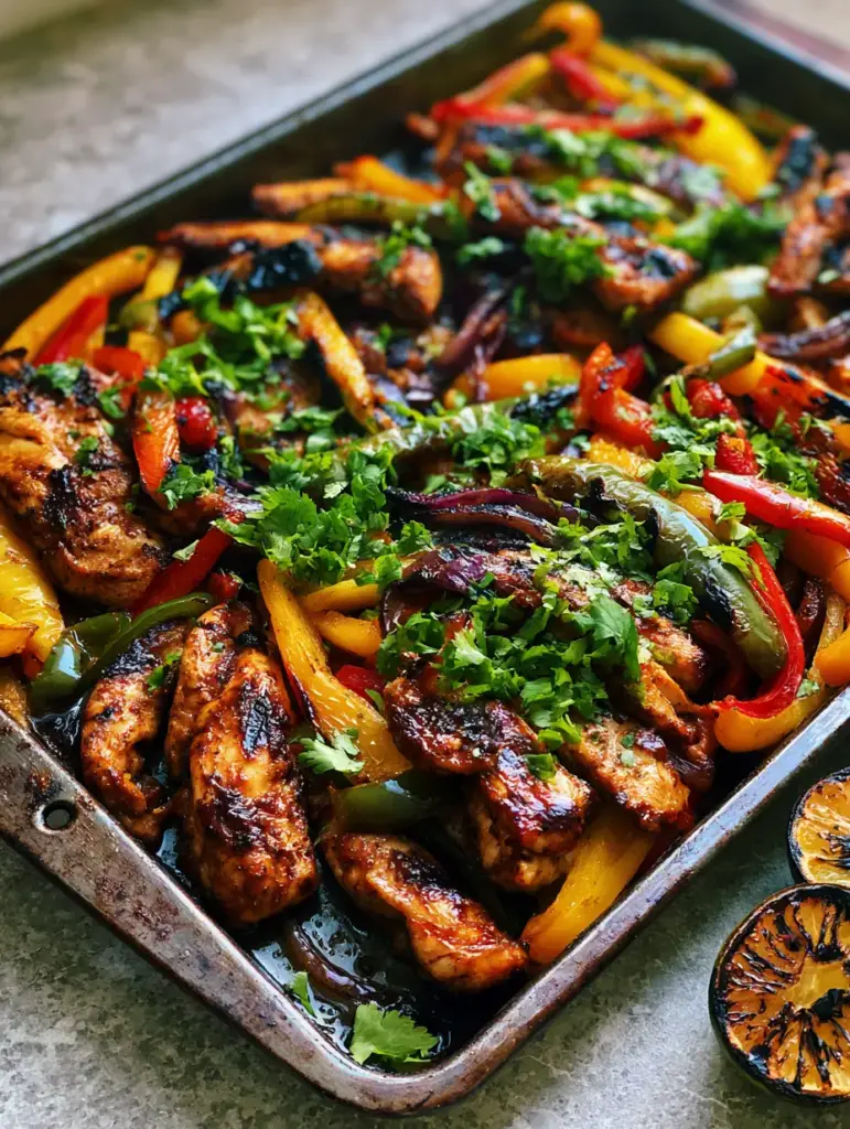 Rustic dark metal sheet pan filled with sizzling chicken, red onion slivers, and fresh cilantro. (Chicken Fajitas Recipe)