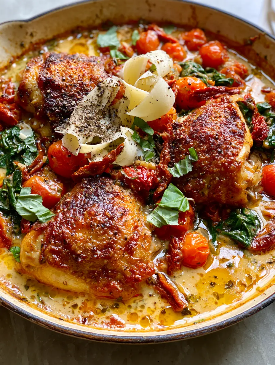 Close up of three crispy chicken thighs in a glossy cream sauce with sun-dried tomatoes and spinach. (quick dinner recipes)