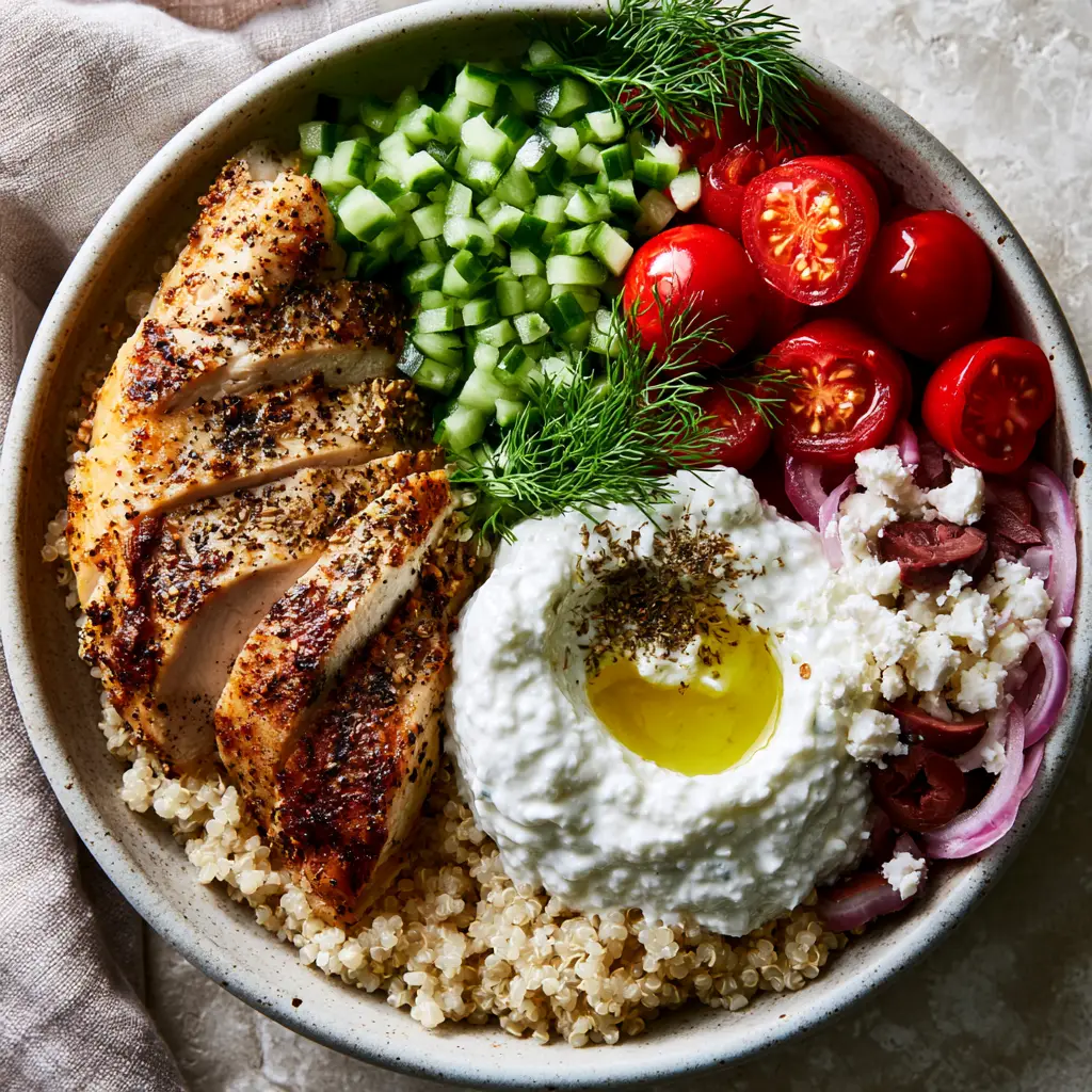Greek Chicken Recipes: The Ultimate Mediterranean Quinoa Bowl with Herb-Crusted Chicken 2 A professional food photography shot of seared lemon garlic chicken strips with an herb crust in a matte speckled bowl. (Greek chicken recipes)
