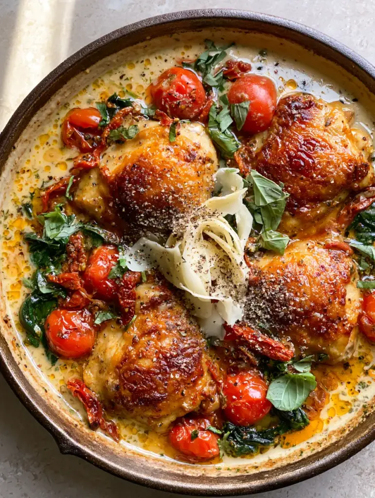 Top down view of a cast iron skillet with Tuscan chicken, blistered tomatoes, and shaved parmesan curls.
