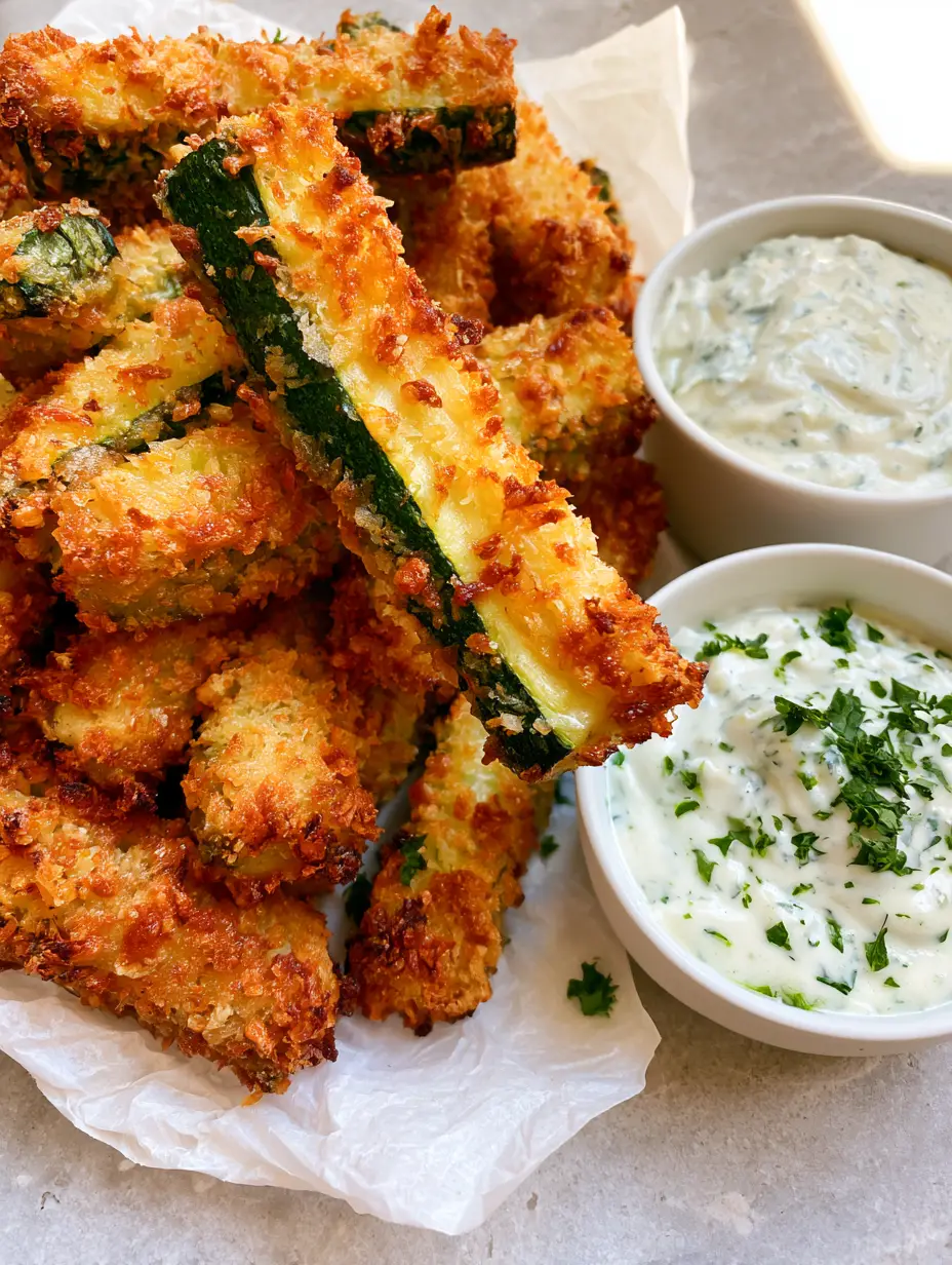 Close-up of jagged panko crust on Baked Parmesan Zucchini Fries showing tender green interior.