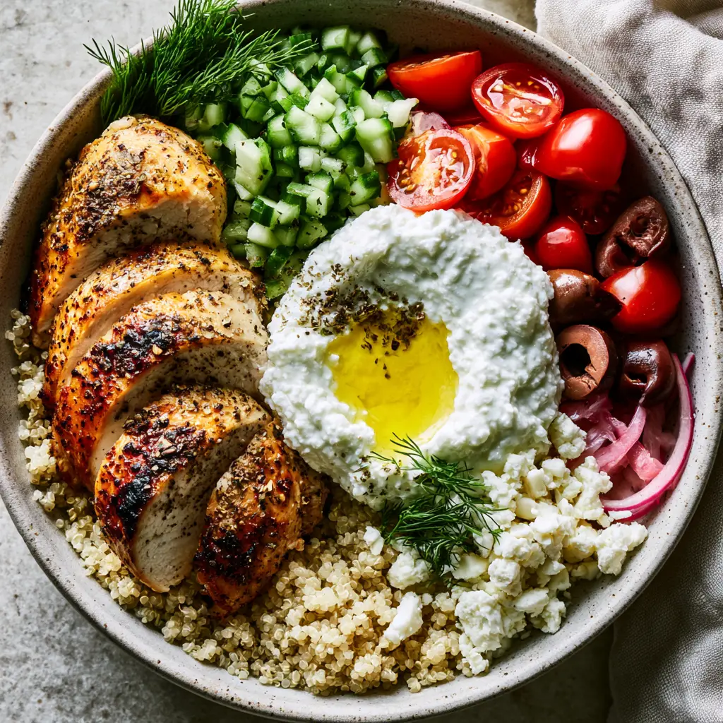 Greek Chicken Recipes: The Ultimate Mediterranean Quinoa Bowl with Herb-Crusted Chicken 1 Close up of thick Greek yogurt tzatziki with an extra virgin olive oil drizzle and fresh herbs.