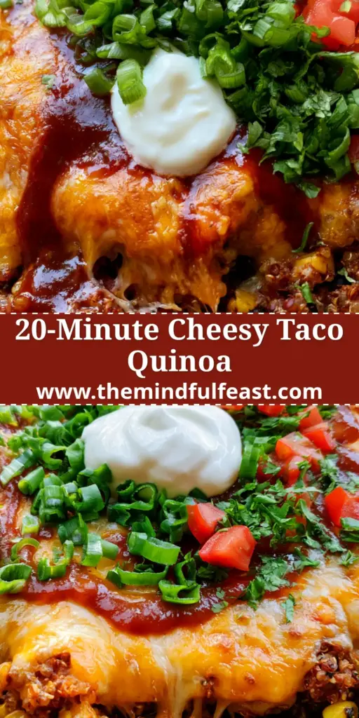 Taco Quinoa Casserole with Gooey Cheese and Charred Corn 4 An overhead close-up of a Taco Quinoa Casserole in a ceramic skillet featuring melted cheese, charred corn, and fresh garnishes.