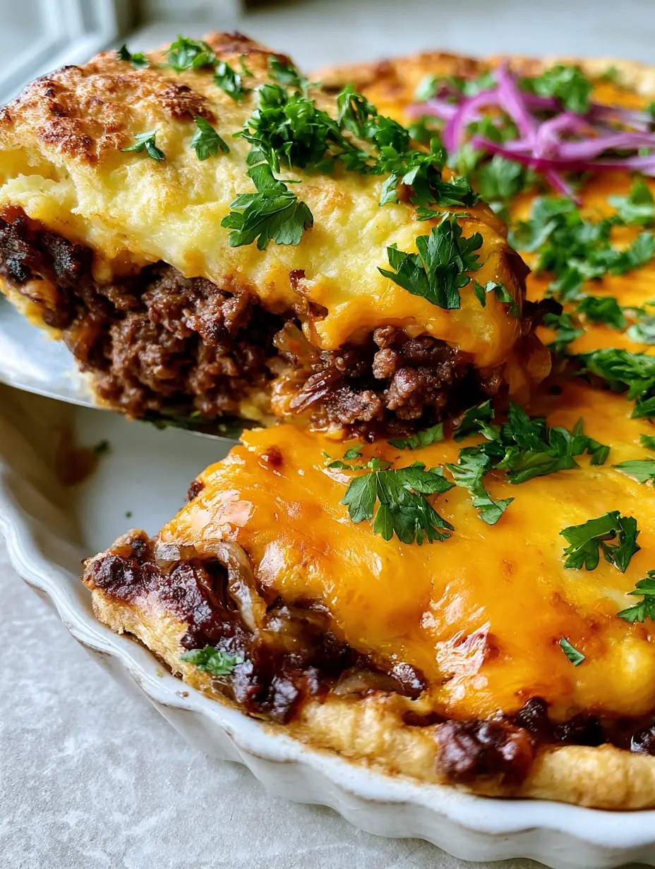 Cheeseburger Pie Recipe: The Ultimate Savory Comfort Food Bake 3 A freshly baked Cheeseburger Pie recipe in a white tart dish with vibrant red onion slivers and fresh parsley garnish.