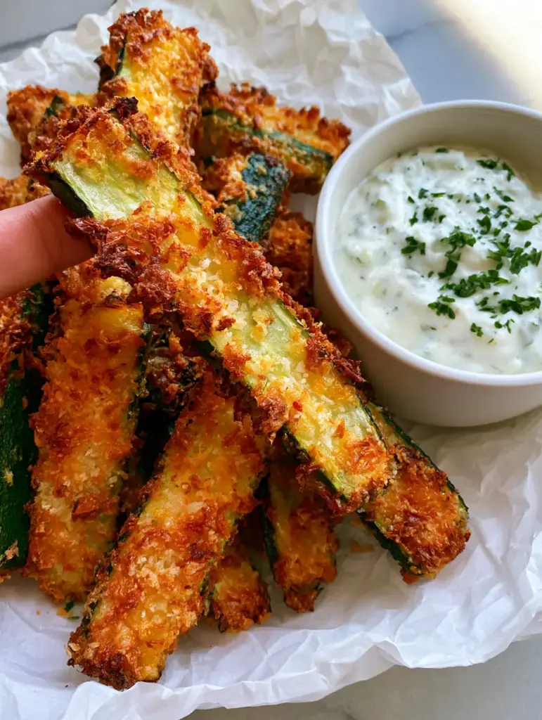 Baked Parmesan Zucchini Fries being dipped into a white bowl of herb-flecked ranch sauce.