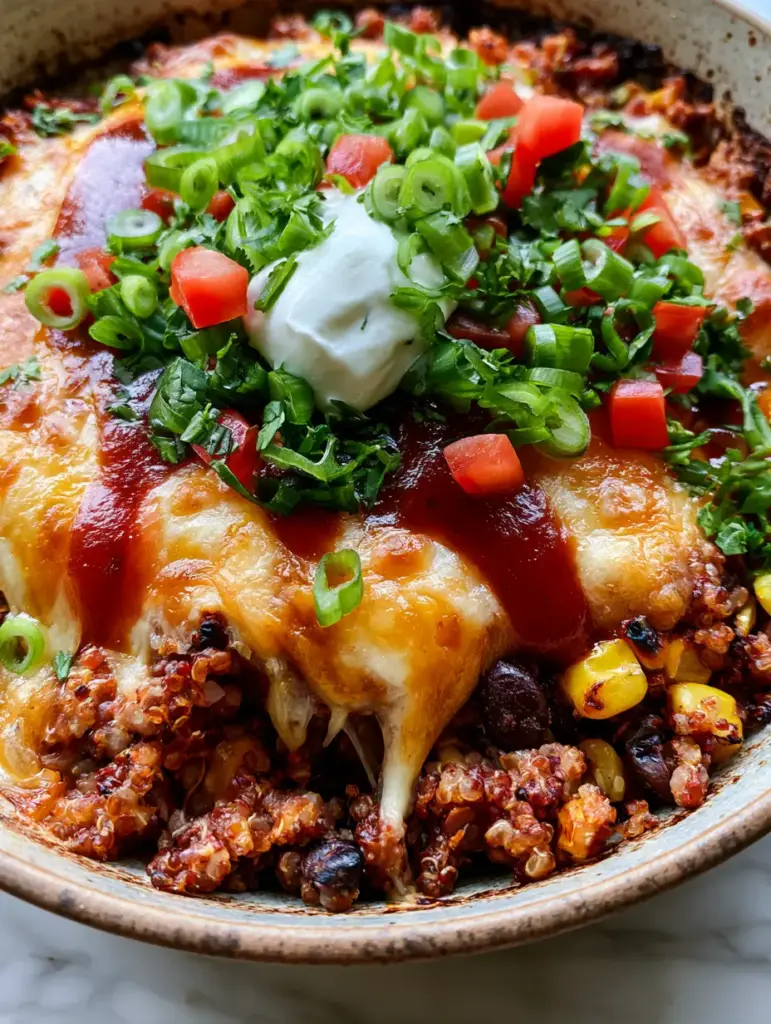 Taco Quinoa Casserole with Gooey Cheese and Charred Corn 2 Close-up of bubbling cheese and red enchilada sauce on a Taco Quinoa Casserole.