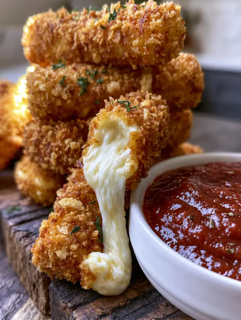 Mozzarella Sticks Recipe: The Ultimate Guide to the Crunchiest Panko Crust and Epic Cheese Pull 2 Close-up of a broken mozzarella stick showing an epic white cheese pull and craggy panko breading. (mozzarella sticks recipe)