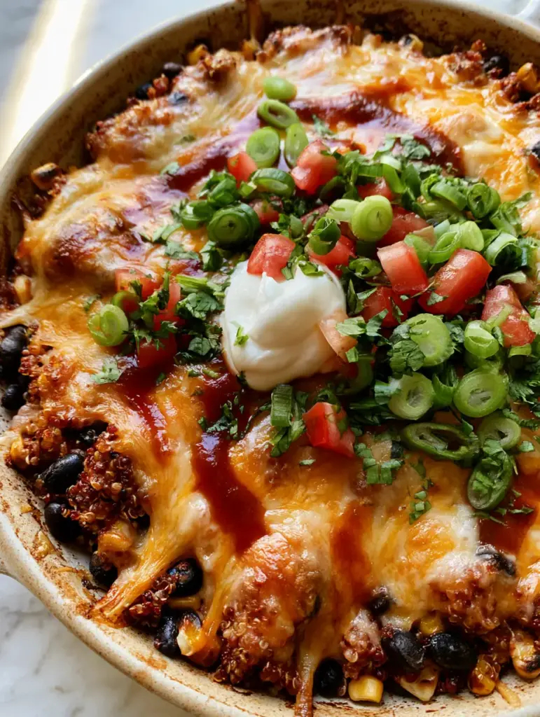 Taco Quinoa Casserole with Gooey Cheese and Charred Corn 1 Overhead shot showing the colorful garnishes of cilantro and roma tomatoes on a Taco Quinoa Casserole.