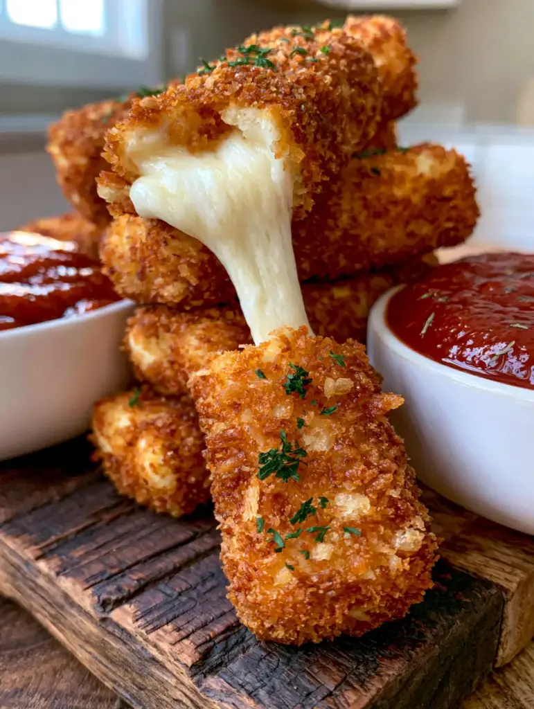 Mozzarella Sticks Recipe: The Ultimate Guide to the Crunchiest Panko Crust and Epic Cheese Pull 1 Top down view of crispy mozzarella sticks garnished with dried parsley on a dark wooden board.