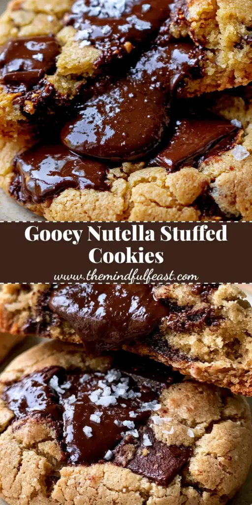 Chocolate Stuffed Cookies with Molten Hazelnut Centers 4 A close-up of a warm chocolate stuffed cookie pulled apart to reveal a molten chocolate hazelnut center with sea salt on top.
