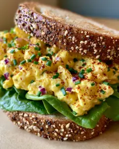 Gourmet egg salad on thick-sliced toasted seeded sourdough with chives and red onions. (makeup)
