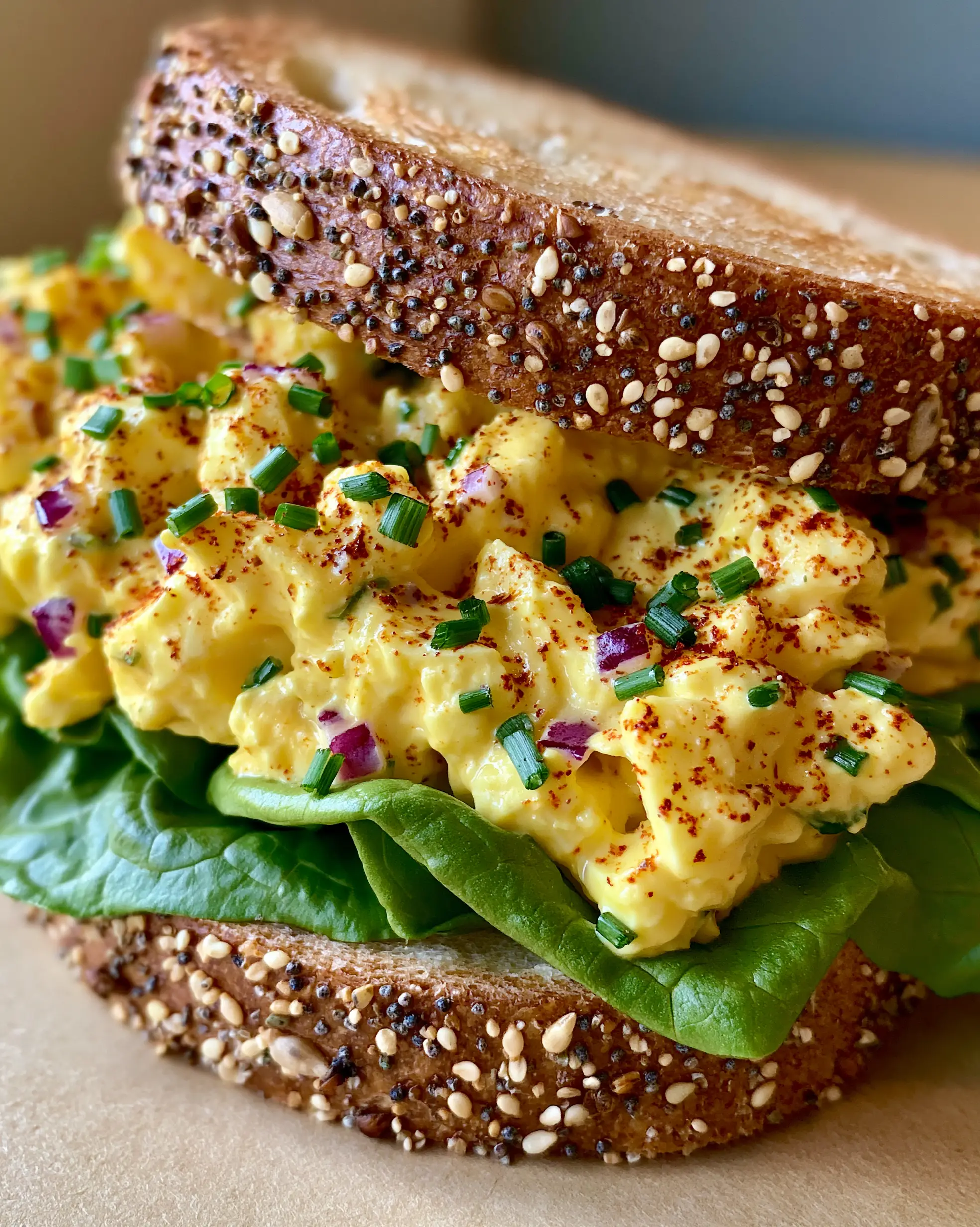 Makeup of a Perfect Gourmet Egg Salad on Seeded Sourdough 3 Gourmet egg salad on thick-sliced toasted seeded sourdough with chives and red onions. (makeup)