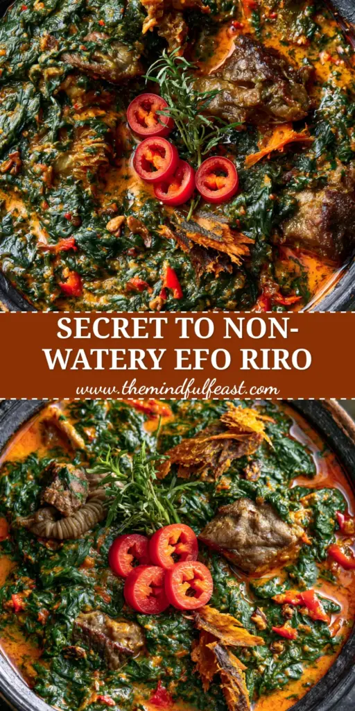 A top-down view of authentic Nigerian Spinach Stew (Efo Riro) in a black bowl with a side of white pounded yam.
