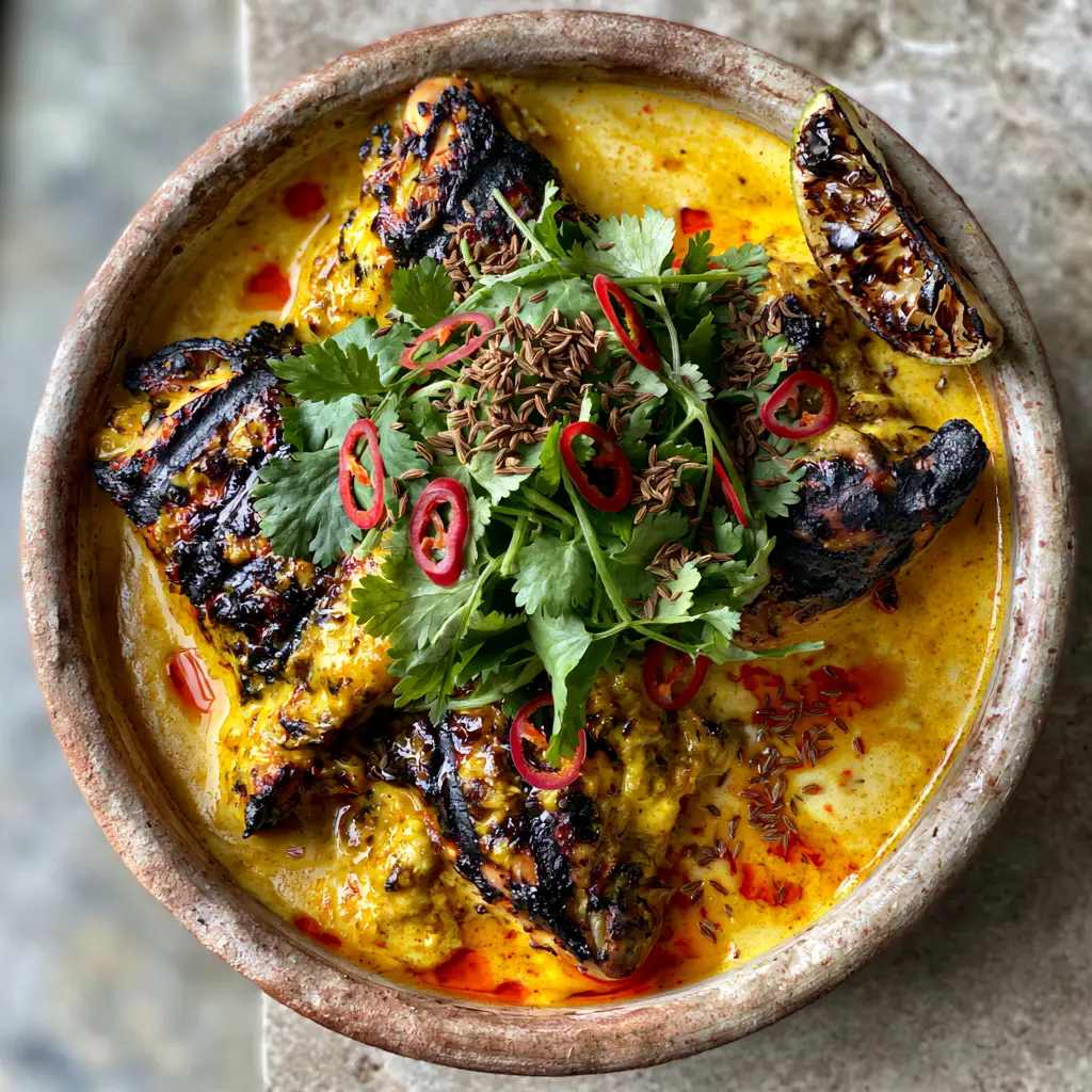 Kuku Paka Recipe: Authentic Kenyan Coconut Chicken Curry with Char-Grilled Flavor 2 Top-down view of Kuku Paka recipe showing succelent chicken with deep char marks in a vibrant yellow sauce.
