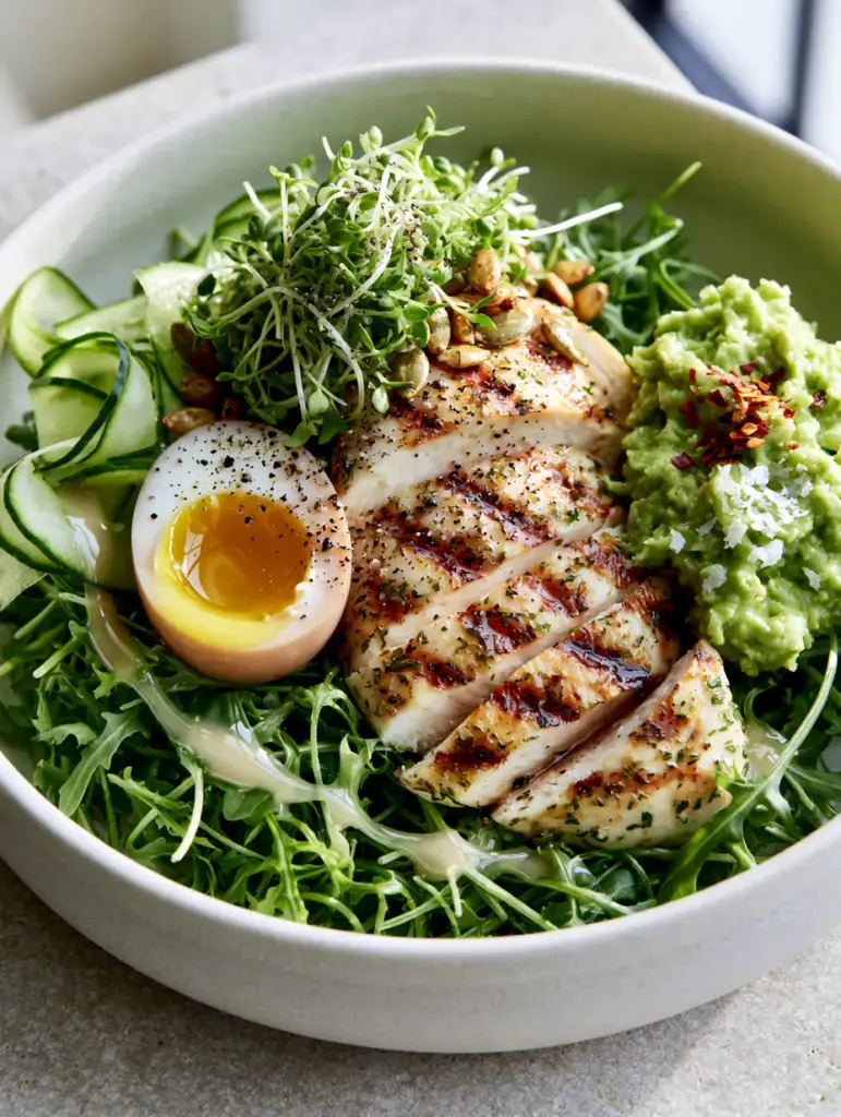 A halved jammy egg with a liquid gold yolk resting on a bed of fresh baby arugula.