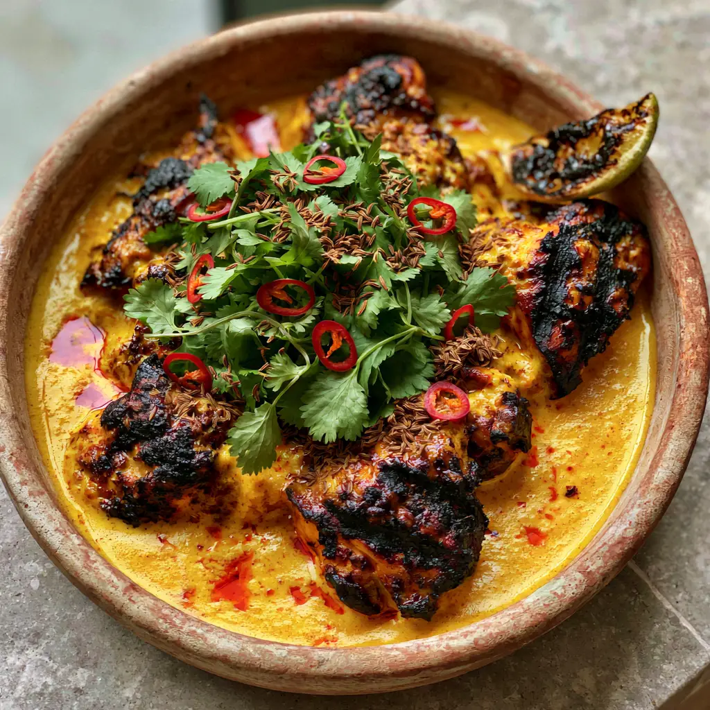 Kuku Paka Recipe: Authentic Kenyan Coconut Chicken Curry with Char-Grilled Flavor 1 Close up of Kuku Paka recipe garnished with red bird's eye chilies, cilantro, and glossy chili oil.