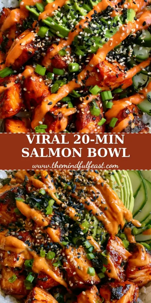 Spicy Salmon Sushi Bowls with Crispy Air-Fried Glazed Bites 4 A top-down shot of vibrant spicy salmon sushi bowls with charred glazed salmon, fanned avocado, and sriracha mayo drizzle in a ceramic bowl.