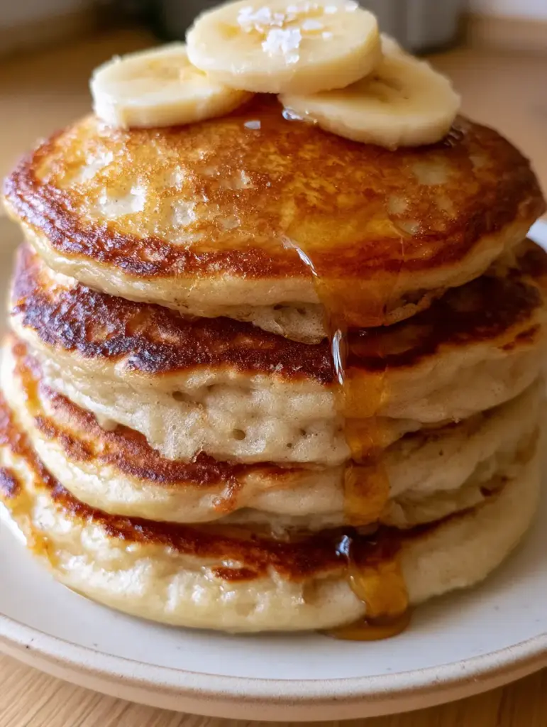 Glistening amber maple syrup dripping down the side of a pancake stack on a matte cream plate. (banana pancakes recipe)