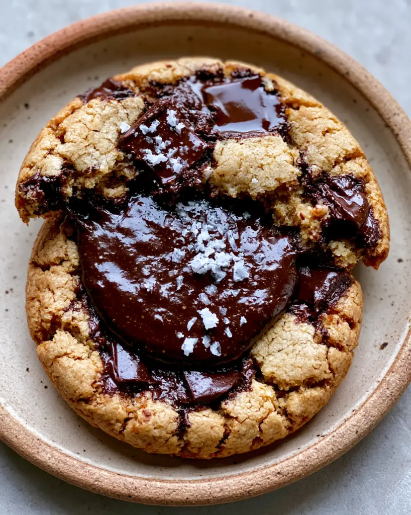 Chocolate Stuffed Cookies with Molten Hazelnut Centers 1 Handheld photo of chocolate stuffed cookies on a rustic beige ceramic plate with soft natural lighting.