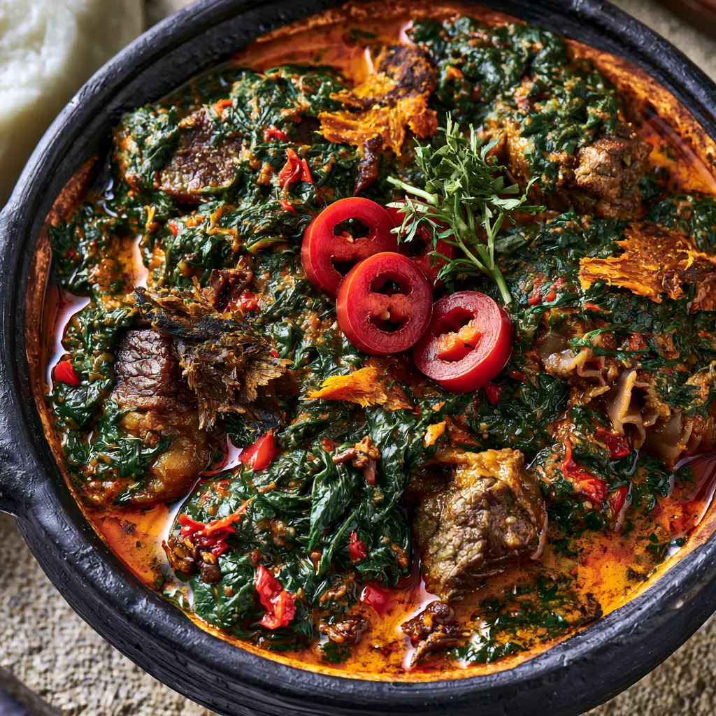 Authentic Efo Riro Nigerian Spinach Stew garnished with red scotch bonnet peppers in a rustic earthenware bowl.