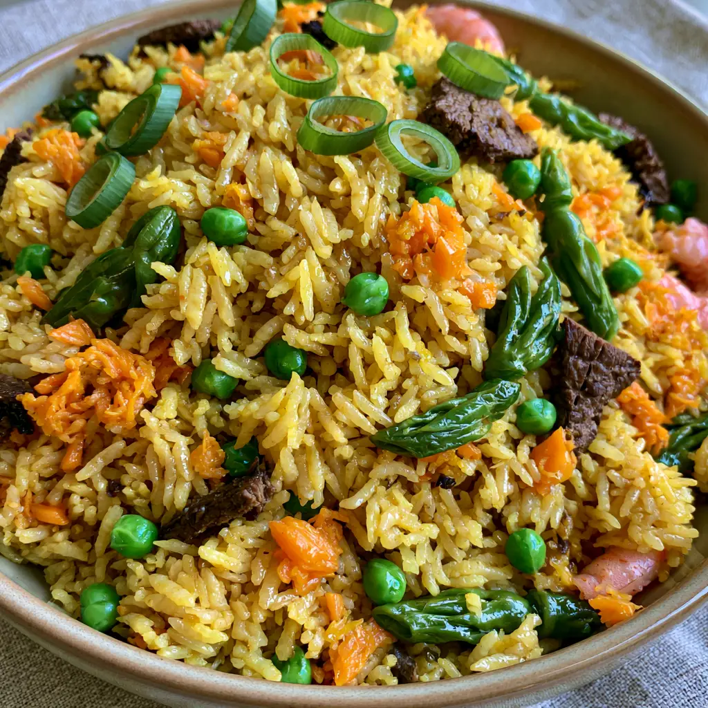 Nigerian Fried Rice Recipe: The Ultimate Guide to Authentic, Glistening Party Rice 2 Macro shot of Nigerian fried rice showing distinct parboiled grains and succulent prawns. (Nigerian fried rice recipe)