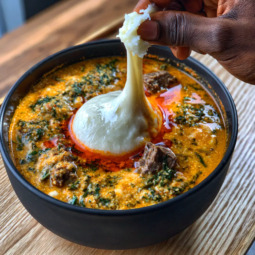 West African Fufu: Mastering the Art of the Perfect Elastic Swallow 2 High-angle shot of steaming Egusi soup with visible toasted melon seeds and a glistening layer of red palm oil. (West African Fufu)