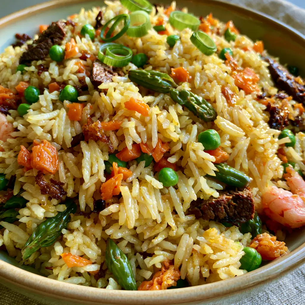 Nigerian Fried Rice Recipe: The Ultimate Guide to Authentic, Glistening Party Rice 1 A handheld photo of a bowl of Nigerian fried rice with fresh scallions on top. (Nigerian fried rice recipe)