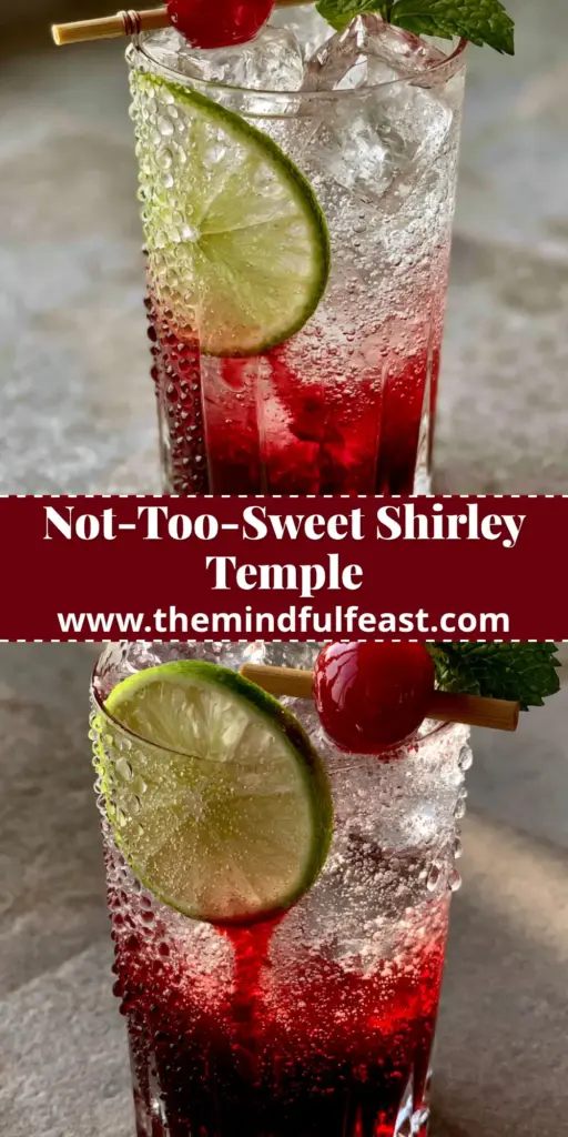 Shirley Temple Mocktail: The Ultimate Layered Classic Recipe 4 A layered Shirley Temple mocktail with deep red grenadine at the bottom and sparkling soda on top, garnished with a maraschino cherry and mint sprig.