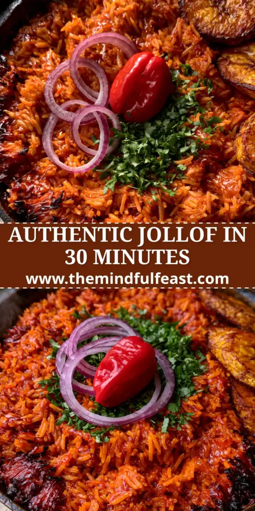 Authentic African Dishes: Smoky West African Jollof Rice with Golden Plantains 4 A rustic black cast iron pot filled with vibrant, deep orange-red Jollof rice topped with onion rings, cilantro, and golden fried plantains. (authentic African dishes)