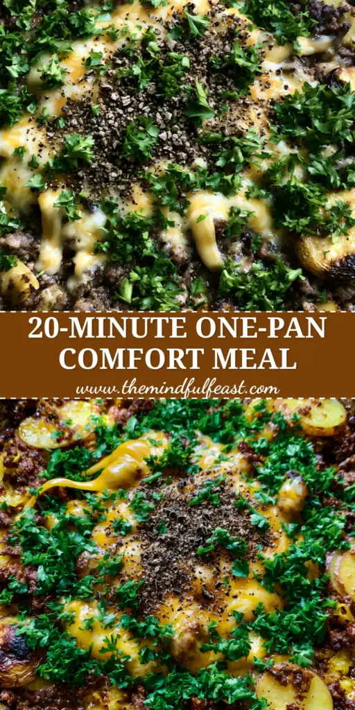 Ground Beef Dinners: One-Pan Cheesy Beef and Crispy Potato Skillet 4 A rustic black cast iron skillet containing seared ground beef, golden-brown potatoes, and bubbling melted cheddar cheese. (ground beef dinners)