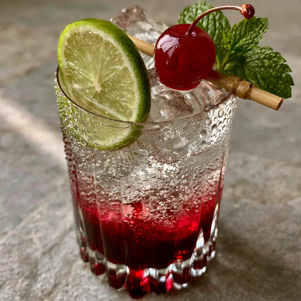 Shirley Temple Mocktail: The Ultimate Layered Classic Recipe 2 Close-up of a Shirley Temple drink showing crystal-clear ice cubes and a lime wheel pressed to the glass. (Shirley Temple)