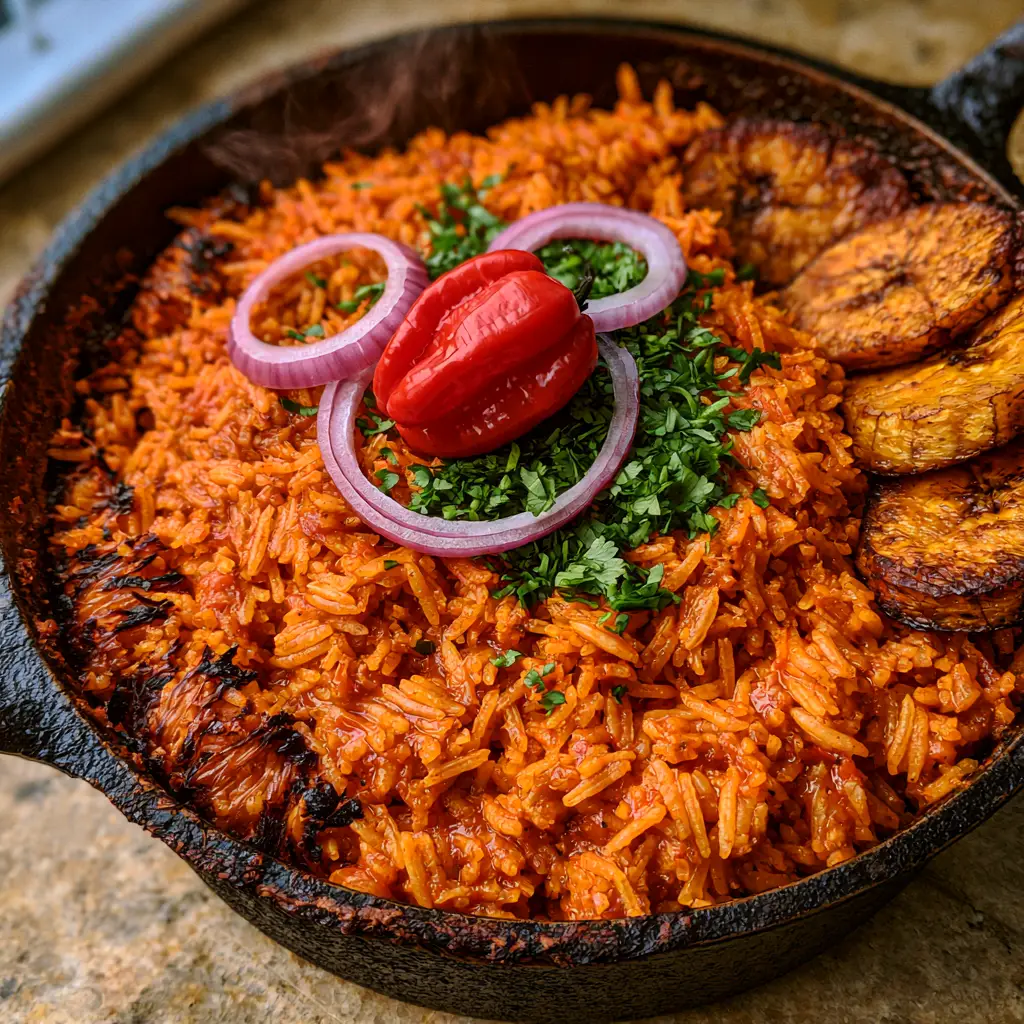 Authentic African Dishes: Smoky West African Jollof Rice with Golden Plantains 2 Top-down view of glossy, distinct grains of Jollof rice in a cast iron pot with whole scotch bonnet pepper and cilantro garnish. (authentic African dishes)