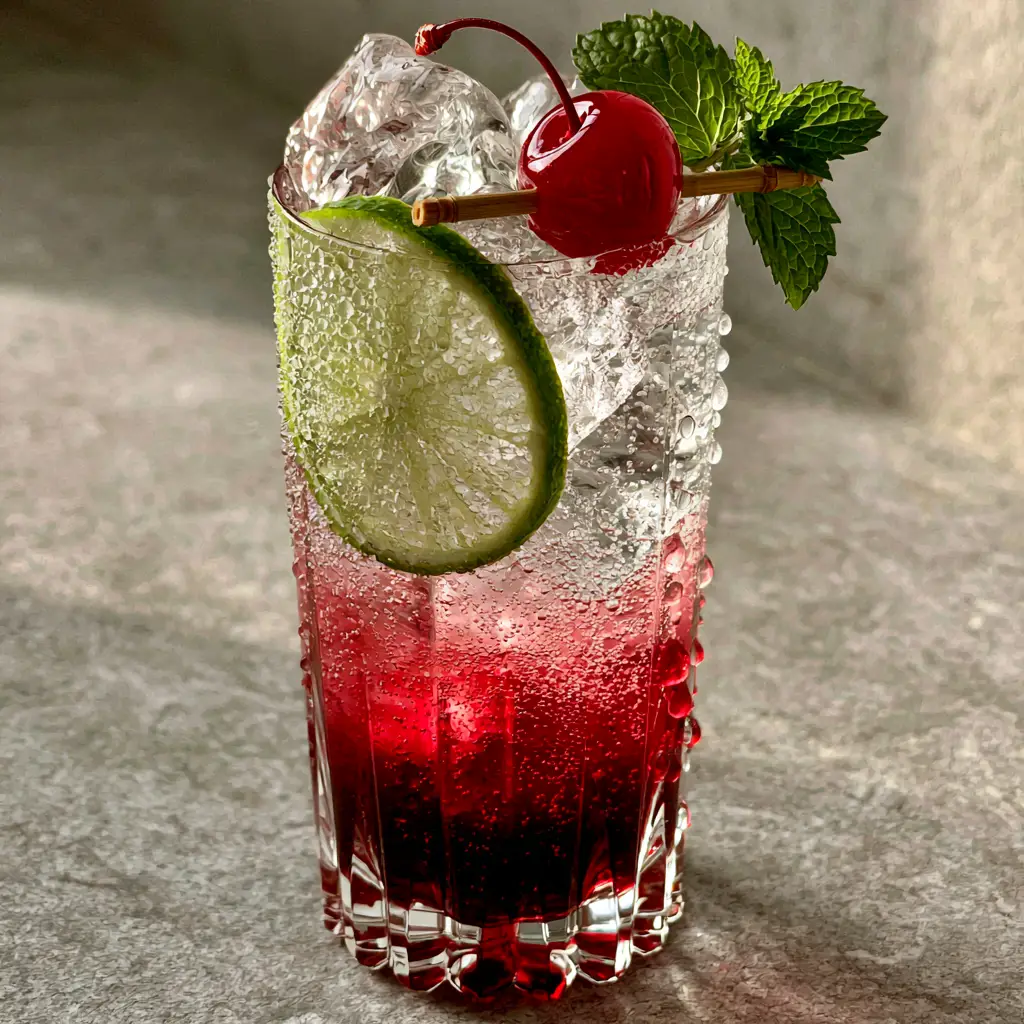 Shirley Temple Mocktail: The Ultimate Layered Classic Recipe 1 Side view of a Shirley Temple mocktail on a light gray stone countertop with soft natural lighting.