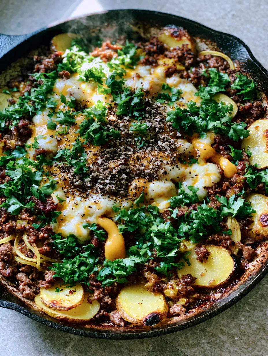 Ground Beef Dinners: One-Pan Cheesy Beef and Crispy Potato Skillet 3 Top-down view of browned ground beef crumbles and charred potato slices in a cast iron skillet. (ground beef dinners)
