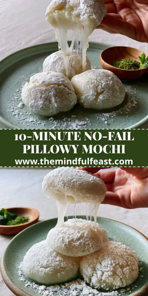 A handheld social media photo of three snow-white mochi mounds on a sage green plate with a visible elastic stretch pull.