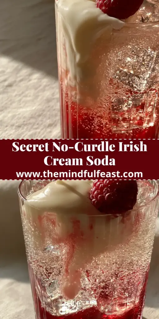 Homemade Fruit Irish Cream Soda: The Ultimate Sparkling Raspberry Cloud 4 A tall ribbed glass of Homemade Fruit Irish Cream Soda with deep red raspberry syrup, sparkling soda, and a marbled white cream cascade, garnished with mint and a fresh raspberry.