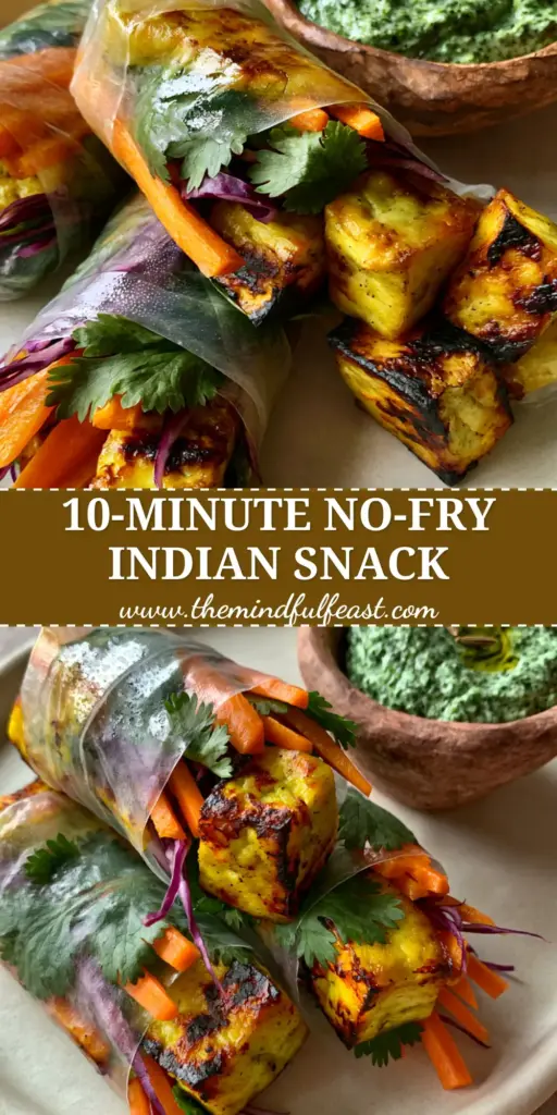 Indian Rice Paper Rolls with Tikka Spiced Paneer and Fresh Mint Chutney 4 A close-up of three plump Indian rice paper rolls showing translucent wrappers filled with charred paneer, carrots, and cabbage next to a clay bowl of mint chutney.