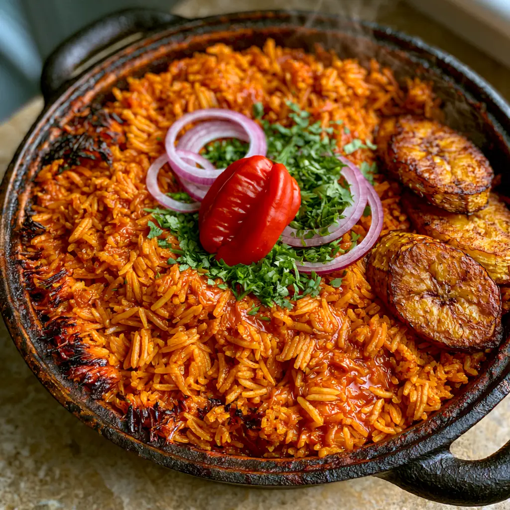 Authentic African Dishes: Smoky West African Jollof Rice with Golden Plantains 1 Close up of caramelized golden-brown fried plantains served alongside deep orange Jollof rice. (authentic African dishes)