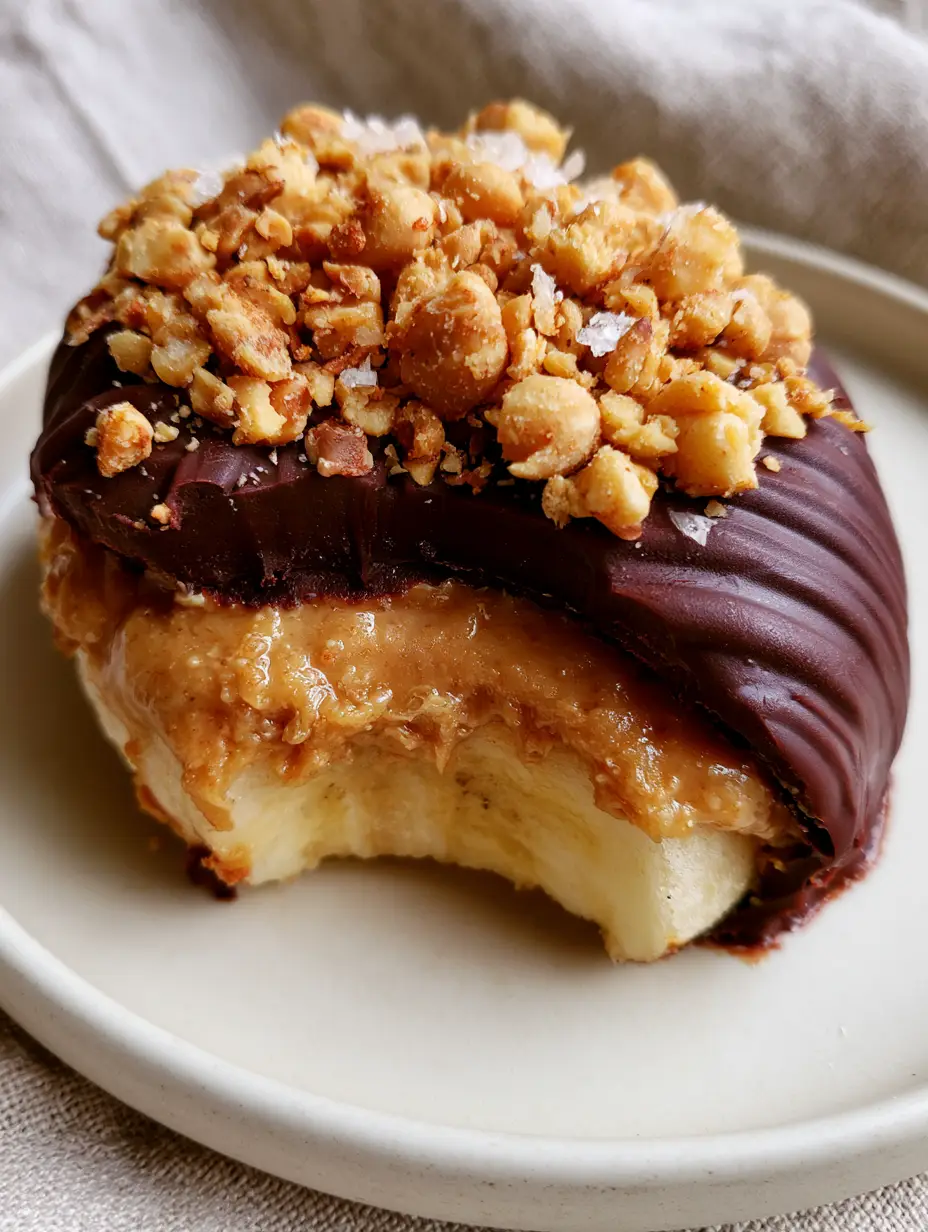 Frozen Banana Snickers: The Ultimate Healthy Bite-Sized Snack 3 Close-up handheld photo of a frozen banana snickers slice with a bite taken out, showing distinct layers of banana, peanut butter, and chocolate shell. (frozen banana snickers)
