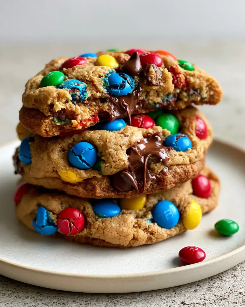 Soft-Batch Mini M&M Chocolate Chip Cookies: The Ultimate Gooey Guide 2 Close-up of golden-brown soft-batch mini m&m chocolate chip cookies with vibrant red, blue, green, and yellow candies.