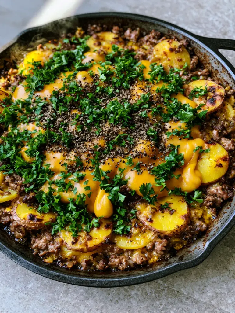 Ground Beef Dinners: One-Pan Cheesy Beef and Crispy Potato Skillet 1 Detailed shot of bubbling melted sharp cheddar cheese over seared beef and potatoes with black pepper garnish. (ground beef dinners)