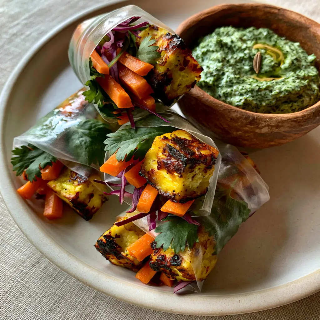 Indian Rice Paper Rolls with Tikka Spiced Paneer and Fresh Mint Chutney 2 High-angle shot of Indian rice paper rolls on a ceramic plate with neon-green mint chutney.