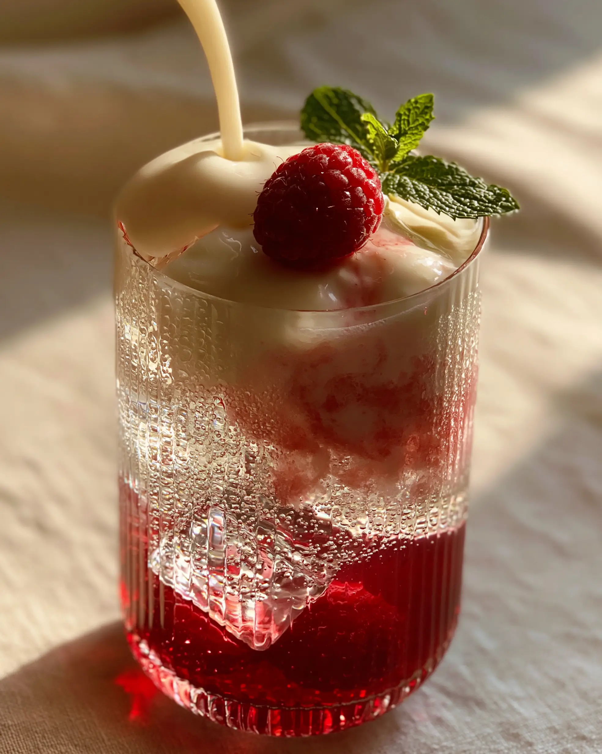 Homemade Fruit Irish Cream Soda: The Ultimate Sparkling Raspberry Cloud 3 Close-up eye-level shot of Homemade Fruit Irish Cream Soda showing the distinct red, clear, and marbled off-white layers in a modern glass.