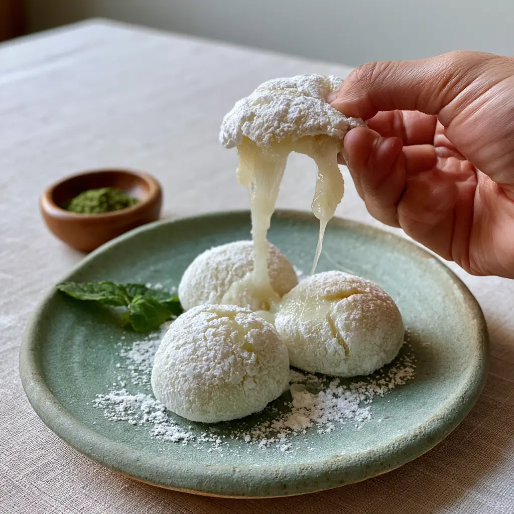 Three round mochi mounds on a matte sage green plate with a small wooden bowl of matcha in the background.